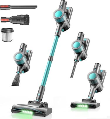 Бездротовий пилосос Dzaki 45000Pa з акумулятором, дисплеєм та антизаплутувальною насадкою для твердих поверхонь, килимів, шерсті тварин та авто (блакитний)