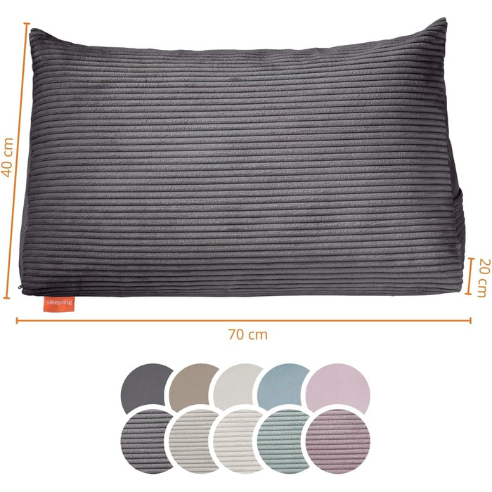 Подушка для спини в ліжко та на диван sleepling з вельвету, велика кліноподібна подушка для читання та підтримки попереку з бічною кишенею, знімний чохол, темно-сіра, 70x40x20 см