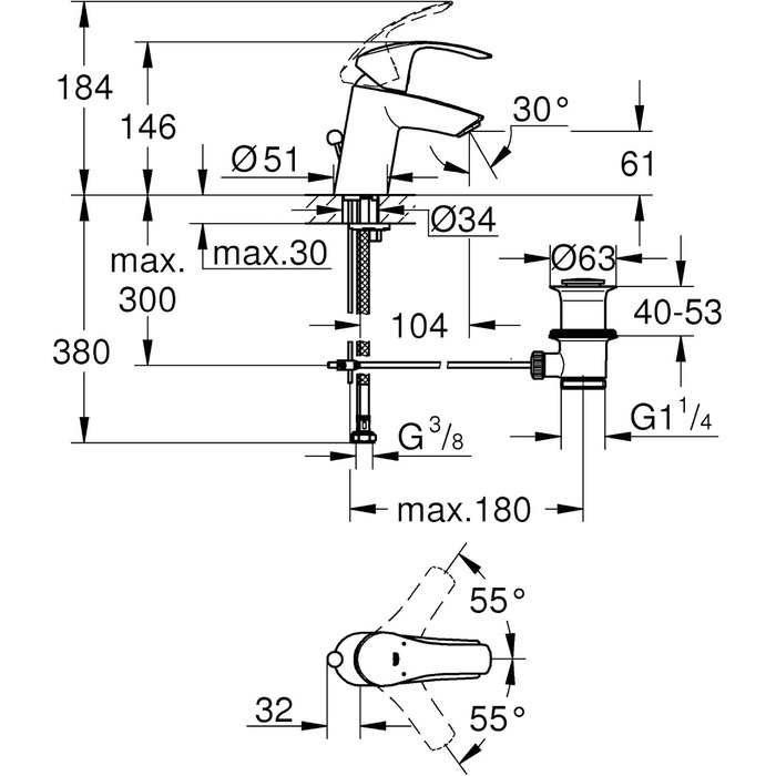 Змішувач для ванної кімнати Grohe Eurosmart, водозберігаючий, хром, з витяжною системою, 15 см, проста установка