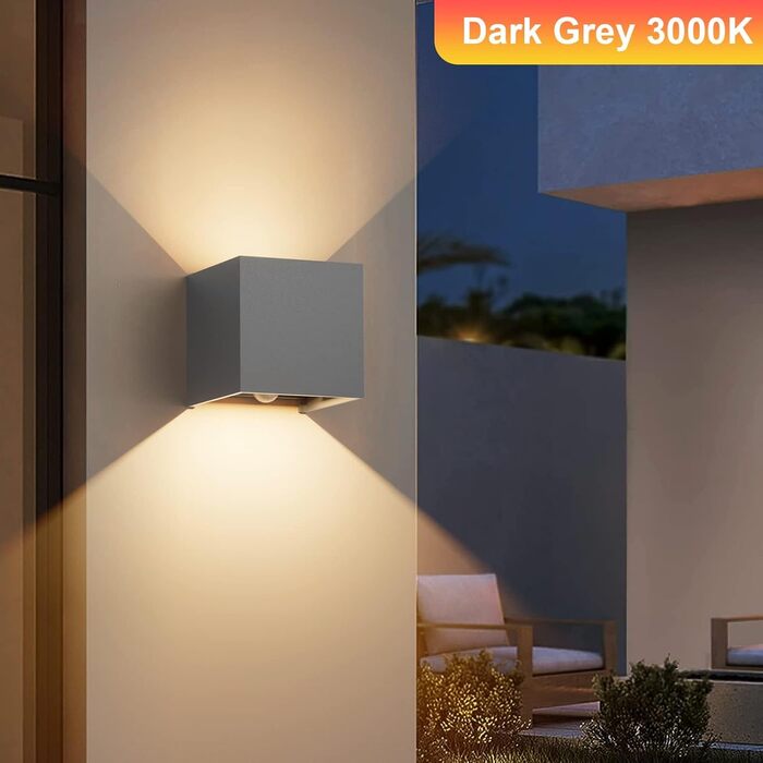 Klighten Вологостійкий вуличний світильник з датчиком руху 12W, IP65, 3000K, тепле біле світло, для внутрішнього та зовнішнього використання, регульований світловий потік, колір - темно-сірий