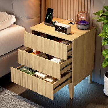 LED тумбочка Gurexl з зарядкою та 3 шухлядами, дерев'яна, з USB та Type-C, з датчиком руху, для спальні, вітальні, офісу, чорна