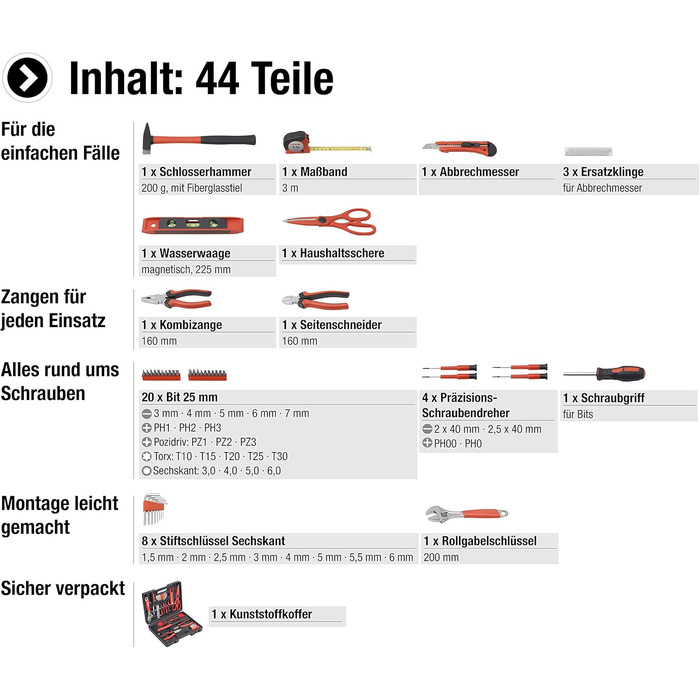 Набір інструментів Meister 60 предметів у кейсі для дому та повсякденного використання (8973630)
