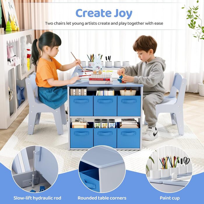 Дитячий стіл MAMIZO з 2 стільцями: дерев'яний стіл для ігор з місцем для зберігання, комплект меблів для дітей, стіл для малювання та рукоділля, від 3 років (блакитний)
