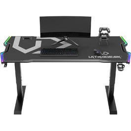 Ігровий стіл ULTRADESK Force , регульований по висоті, подушка XXL, 2 кабельні розетки, поличка для подовжувачів, світлодіодне RGB-підсвічування, сталева рама, сірий, 166x70 см