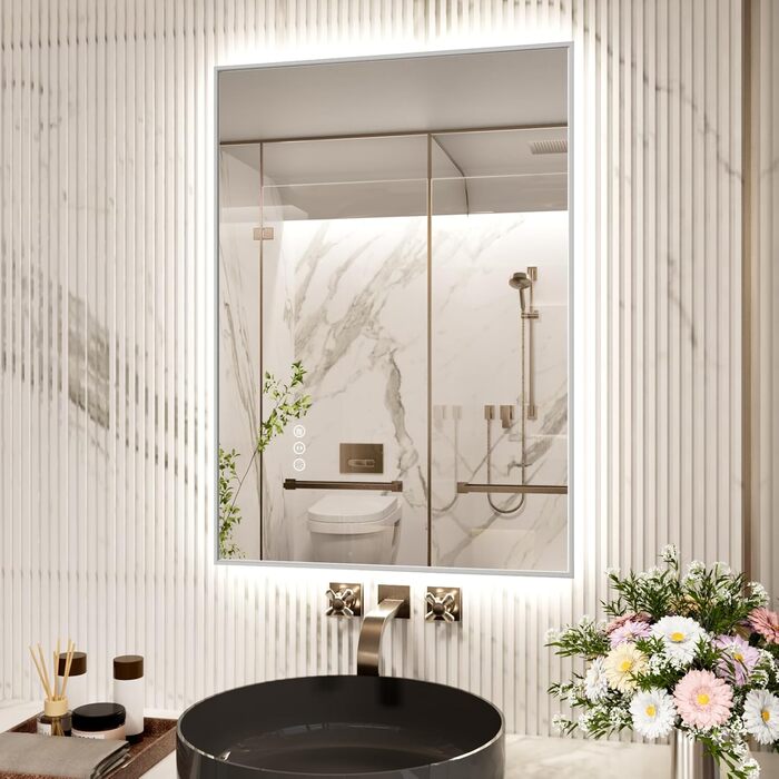LED-дзеркало для ванної кімнати 60x80 см з підсвічуванням, сенсорне керування, регулювання яскравості, 3 кольори світла, антизапар, водонепроникність IP44, горизонтальне/вертикальне встановлення