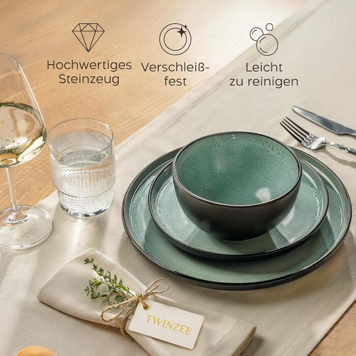 Набір посуду Twinzee Steingut 24 частини для 6 осіб: тарілки та миски, сервіз з каменю, колекція Riviera Sage