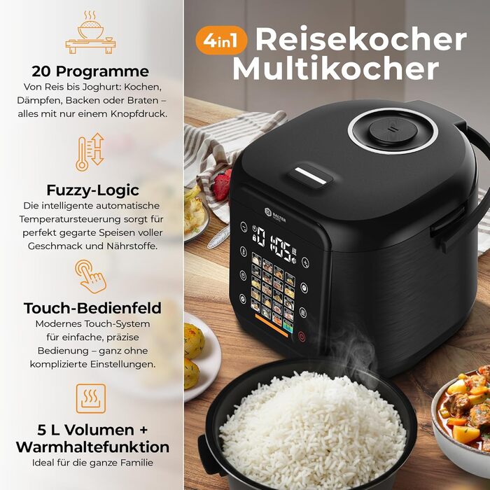 Бальтер рисоварка-мультиварка 4л з Fuzzy Logic, функцією приготування на пару та повільним приготуванням, таймером, підігрівом, преміум-посудинами, аксесуарами та книгою рецептів (20 програм)