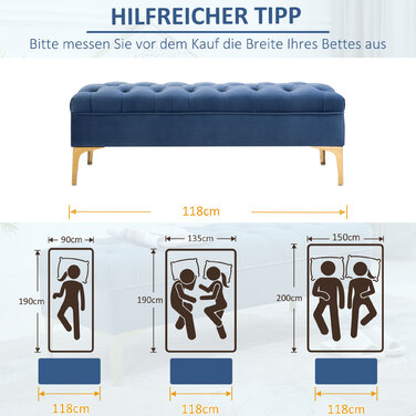 HOMCOM Лавка-ліжко Лавка для взуття Velvet Blue 118 x 45 x 42 см з піднятими ніжками для спальні та передпокою
