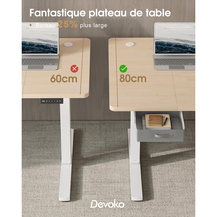 Регульований стіл Devoko: електричний, 140x80 см, з ящиками, USB-порт, органайзер для кабелів, стоячий стіл з пам'яттю, білий