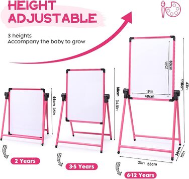 Дитяча мольберт Kinderstaffelei з двома боками, складний, регульована висота 74,9-111,8 см, з місцем для зберігання, поворотний на 360°, мольберт для малювання та дошка з набором літер та цифр, рожевий для хлопчиків та дівчаток