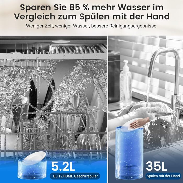 Міні посудомийна машина BLITZHOME з сенсорним керуванням, 9 програм, портативна для кемпінгу, 5.2L, з/без підключення до води, сушка, відкладений старт