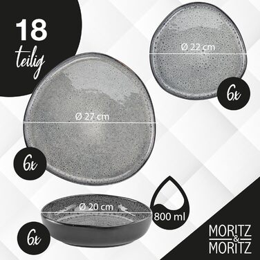 Набір посуду Moritz & Moritz ORGANIC 18 предметів (6 осіб) сірий - елегантний набір тарілок з високоякісної кераміки (6 великих, 6 десертних, 6 супових тарілок)