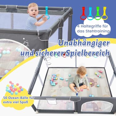 Манеж дитячий CHOLY для немовлят та малюків, 128x128 см, сірий з килимком 150x180 см - безпечний, міцний, з сіткою та захистом