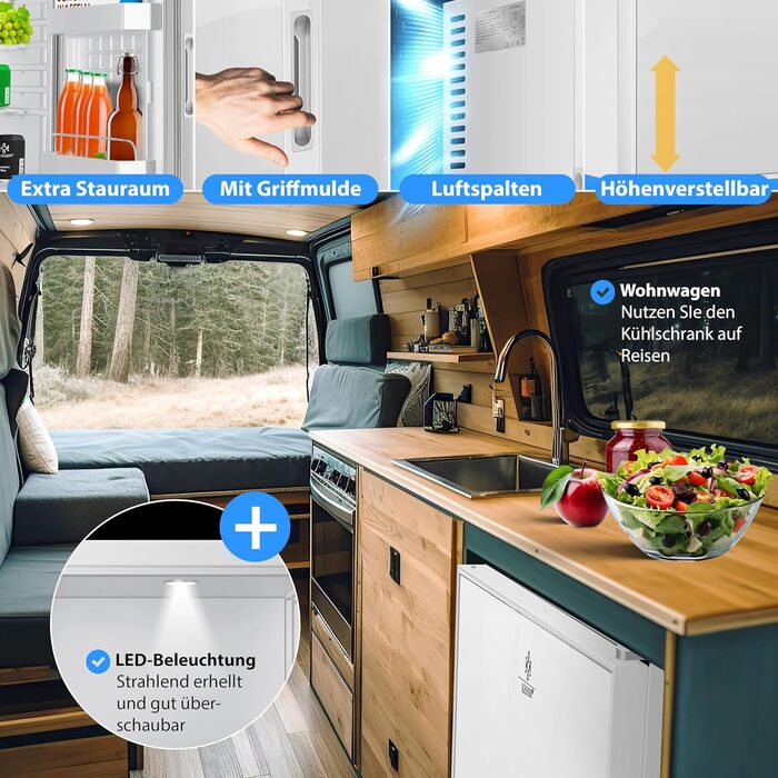 Міні-холодильник KESSER® 40L з дверцятами зі скла: ідеальний для кемпінгу, офісу, спальні, готелю, кухні. Безшумний, з можливістю зміни дверцят, внутрішнім освітленням та відкривачем для пляшок. Білий.