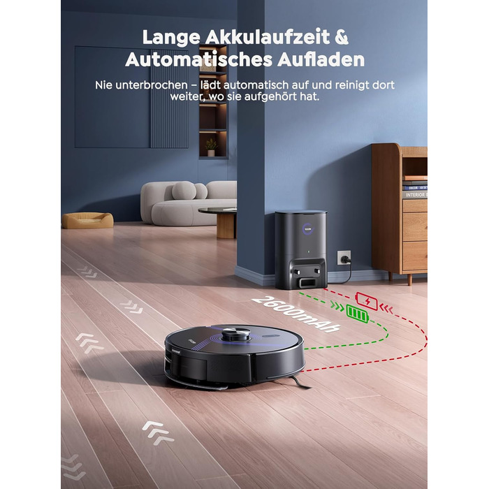 Робот-пилосос Vyzzle з вологою тканиною 5500 Па, док-станція 3.5л, для шерсті тварин, килимове покриття, керування через додаток, голосове керування Alexa & Google Assistant (Чорний)