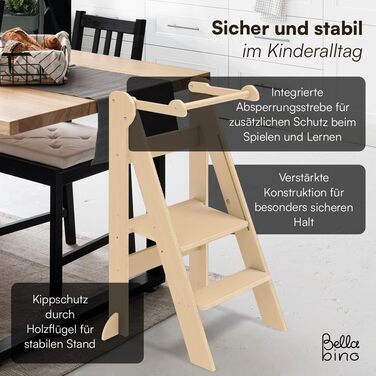 Bellabino Tay: Навчальний столик-лесенка для дітей від 1 року - Білий, регульований, Монтессорі, з захистом від перекидання, з натурального дерева, для безпечного самостійного навчання