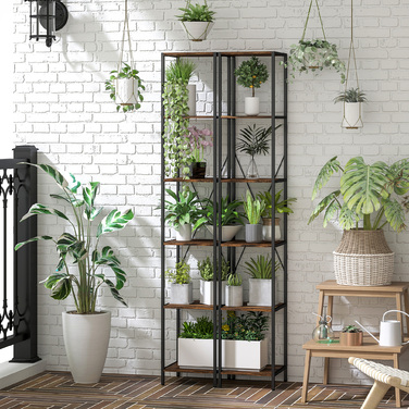 Набір з 2-х полиць, 6-ярусна книжкова полиця, сталевий каркас, для вітальні, офісу, спальні, у стилі рустік, коричневий