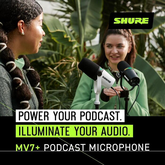 Мікрофон Shure MV7+ для подкастингу, покращений звук, LED-тачпанель, USB-C/XLR, авто-рівень, цифровий поп-фільтр, ефекти реверберації, для запису, стрімінгу, білий