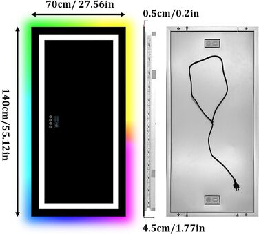 Дзеркало для ванної кімнати LUVODI LED 40x50 см з підсвічуванням, сенсорним вимикачем, 3 режими кольору, захист від запотівання, RGB, Bluetooth, 140x70 см