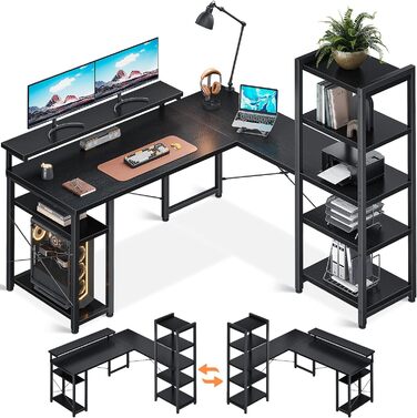 Кутовий стіл ODK, 140137 см, двосторонній, комп'ютерний стіл з книжковою полицею, офісний стіл з регульованою підставкою для монітора, L-подібний, чорний