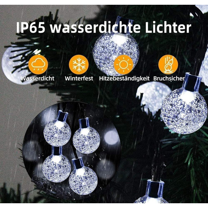 Сонячна гірлянда для зовнішнього і внутрішнього освітлення, 12 м 100 світлодіодних кришталевих куль, водонепроникна вулична гірлянда на сонячній батареї, 8 режимів сонячної різдвяної гірлянди для саду, балконів, Різдва, весіль ,кемпінгу (холодний білий)