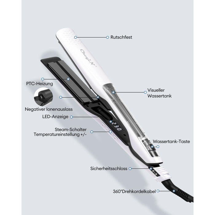 Паровий випрямляч для волосся CkeyiN, випрямляч для волосся з функцією пари, паровий випрямляч із надширокими пластинами 40 мм і цифровим світлодіодним дисплеєм, портативний дорожній випрямляч для волосся для всіх типів волосся, білий
