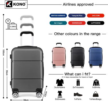 Чемодан ручної поклажі KONO з жорсткою оболонкою, на колесах, 55x38x22 см, 33 літри, сірий