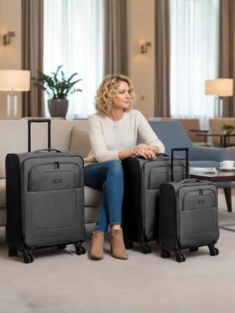 Набір тканинних валіз REDOLZ Essentials 12 (3 шт.), чорні дорожні Trolley з 4-ма подвійними колесами, TSA-замком та функцією розширення