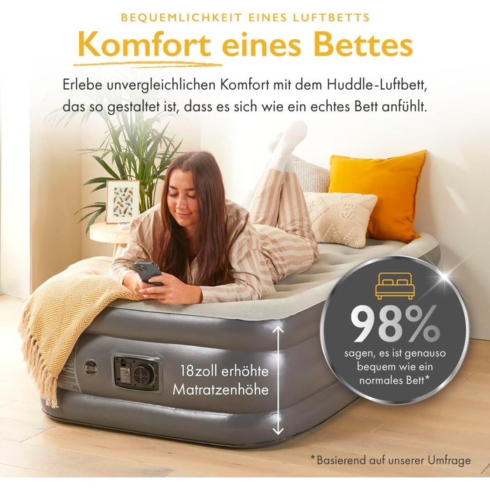 Надувне ліжко Huddle Lite з інтегрованим насосом – зручна повітряна матрац для кемпінгу, гостей та запасних кімнат (одинарне, двоспальне, king-size)
