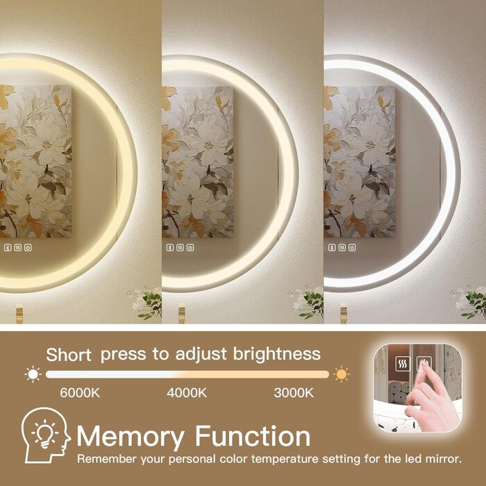 Дзеркало для ванної кімнати Habison з підсвічуванням 70x70 см LED, з годинником, сенсорним вимикачем, регулюванням яскравості, захистом від запотівання, 3-х кратним збільшенням, Bluetooth, 3 кольори світла