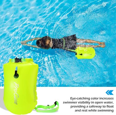 Надувний буй ProCase для плавання з подушкою безпеки об'ємом 10 л, надувний буй для плавання, плавальний буй з видимим сигналом для забезпечення безпеки при плаванні на відкритій воді і для тріатлону-неоново-жовтий