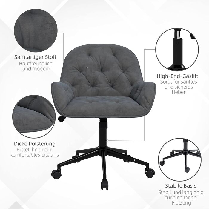 Крісло Vinsetto для офісу та дому: регульоване, поворотне, з оксамитовою оббивкою, до 120 кг, сірий колір