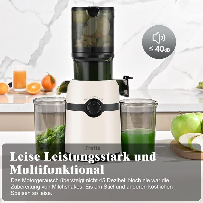 Фреш-прес Fretta: повільний соковичавник з широкою годівницею 108 мм, 200W, 1л, BPA-free Tritan, білий