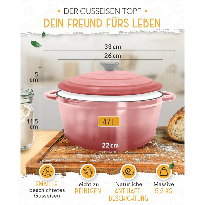 Форма для випікання хліба з чавуну з кришкою Krustenzauber - 28 см, рожева, 4.7л