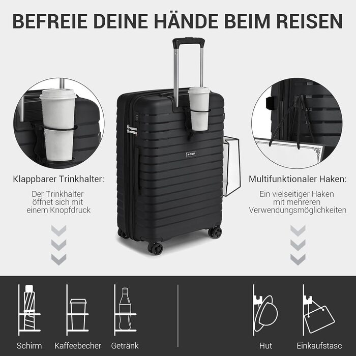 Чохол KONO середнього розміру з жорсткою оболонкою, PP-матеріал, розширюваний, легкий, з 4 спін-колесами, тримачем для напоїв та TSA замком (Зелений, L). Розмір: середній.