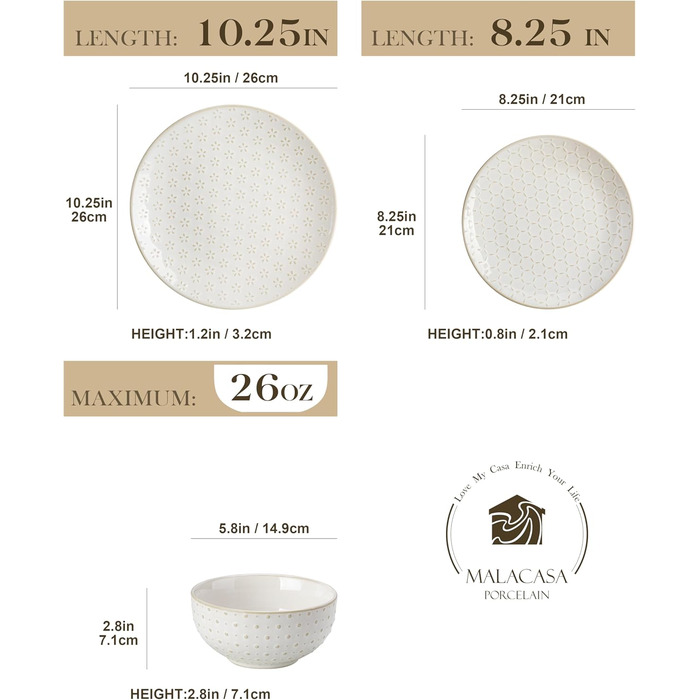Набір посуду Malacasa LYDIA (24 шт.) для 4 осіб, бежевий: 16-ти частинний сервіз зі столових тарілок та чашок з рельєфом, з каменю