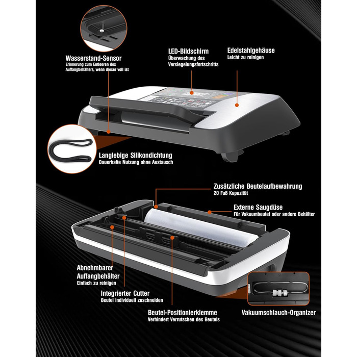 Вакууматор для продуктів 12-в-1 (95 kPa) з подвійним швом, системою Easy-Lock та вбудованим різаком, сріблястий