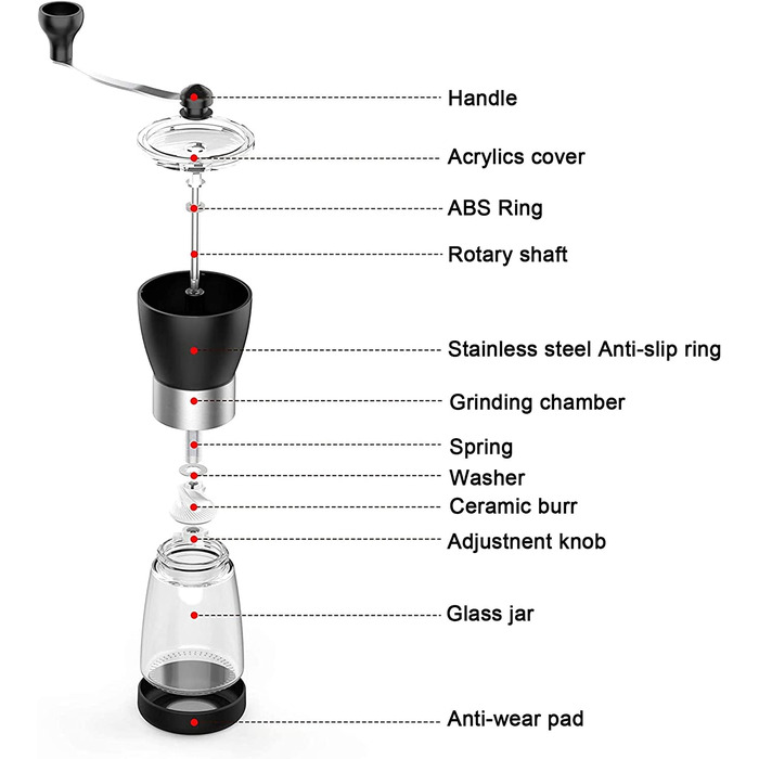 Ручна кавомолка для кухонного приладдя, набір з 14 предметів з двома прозорими скляними банками ємністю 5,5 унцій, регульована керамічна кавомолка, кавомолка для приготування кави