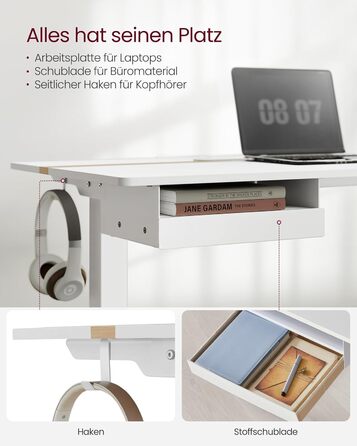 Електричний регульований стіл VASAGLE 120x60 см, білий + горіховий, з пам'яттю висоти, з розетками та ящиком