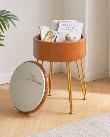 Пуф-табуретка з велюру круглої форми, золоті ніжки, для макіяжу та відпочинку, L/G-30P (з ящиком для зберігання, світло-коричневий)