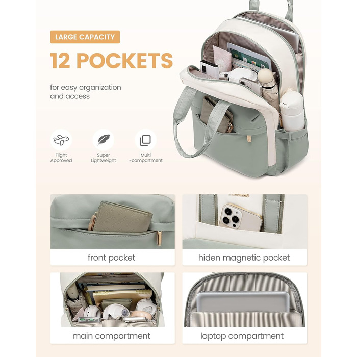 LOVEVOOK Рюкзак для жінок, 15.6 дюймів, рюкзак для школи, дівиччий рюкзак з відділенням для ноутбука, водонепроникний, для подорожей, роботи, навчання, рюкзак для університету, офісу, відпочинку, 15.6 дюймів, 1 світло-зелено-бежевий