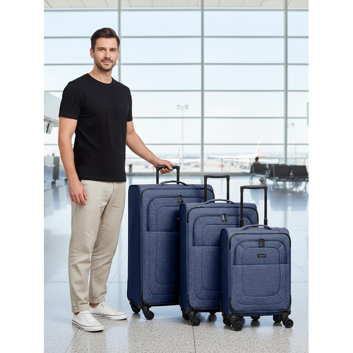 Набір валіз REDOLZ 3-в-1 для жінок та чоловіків | Легкі та стійкі дорожні ролери, високоякісний софт-кейс, 4 подвійні колеса та TSA-замок | Розширюваний з еластичними складками (Essentials 12) (Blue, Набір валіз (3-в-1) 4-колісний розширюваний)