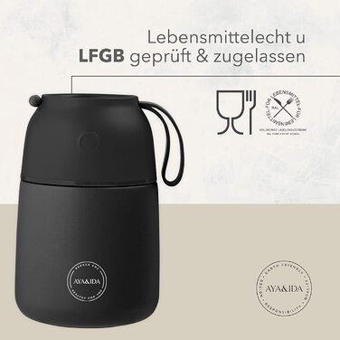 АЙЯ і Іда будь то гаряча або холодна їжа, високоякісний термос для харчових продуктів з нержавіючої сталі - ідеальний компаньйон для подорожей. Гарячий протягом 8 годин і холодний протягом 12 годин. (Матовий чорний, 500 мл)