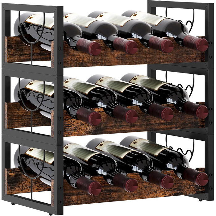 Стелаж для вина на 12 пляшок, 3 яруси, підставка для вина, органайзер для пляшок, античний коричневий