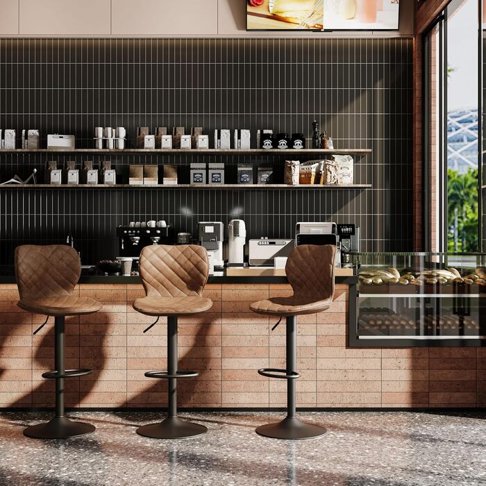 Барний стілець регульований по висоті з підніжкою та спинкою – 360° обертання, PU шкіра, набір 2 шт, коричневий