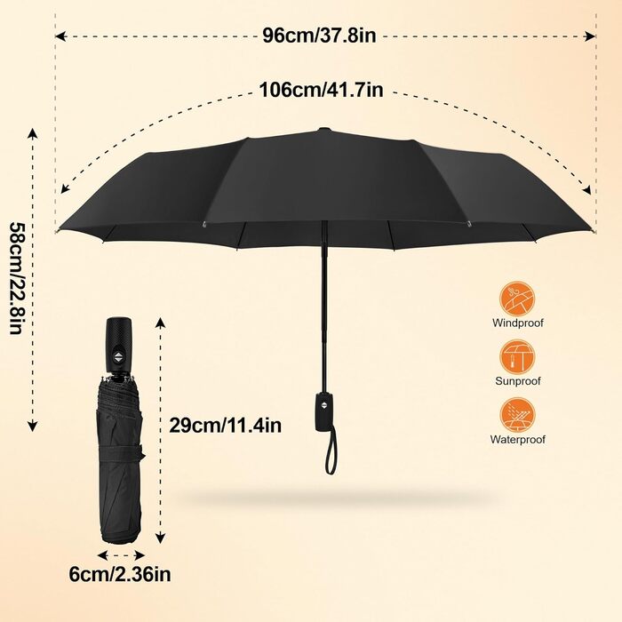 Парасолька з автоматичним увімкненням/вимкненням ZOMAKE - складна, захищена від шторму, компактна, легка, чорна, для жінок, чоловіків, сім'ї