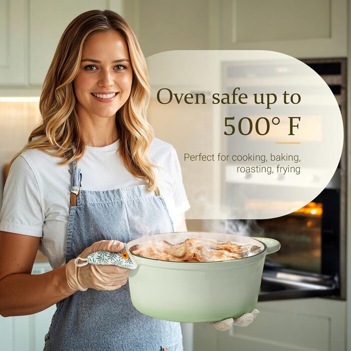 Чавунна казан-каструля Overmont з емалевим покриттям 26см, 5.2л, Bean Green — універсальний горщик для тушкування та запікання з кришкою та кулінарною книгою