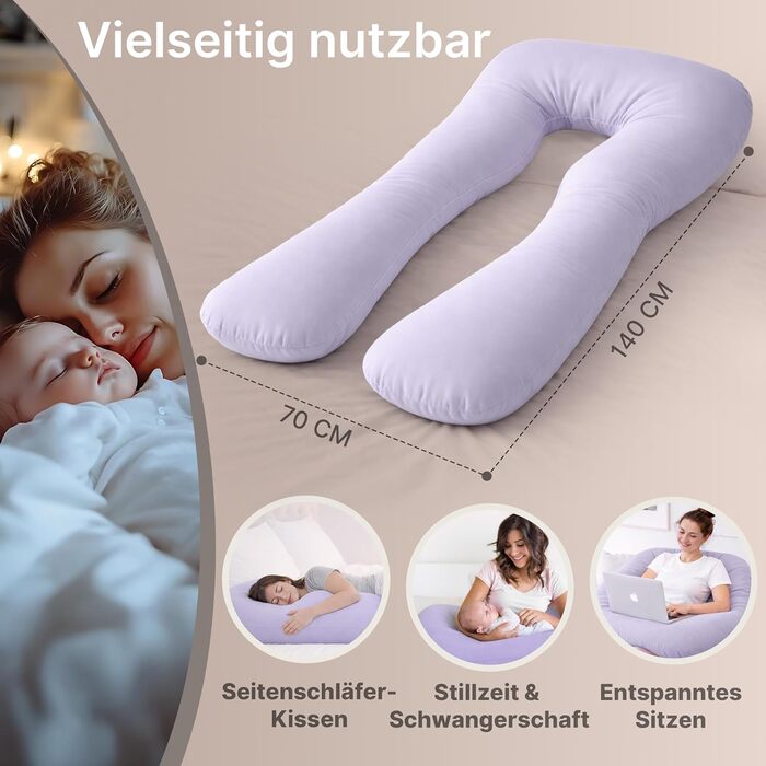 Подушка для вагітних ELONEO NEU для сну на боці, подушка для годування, XXL, фіолетова, знімний чохол, подушка для читання, пральна
