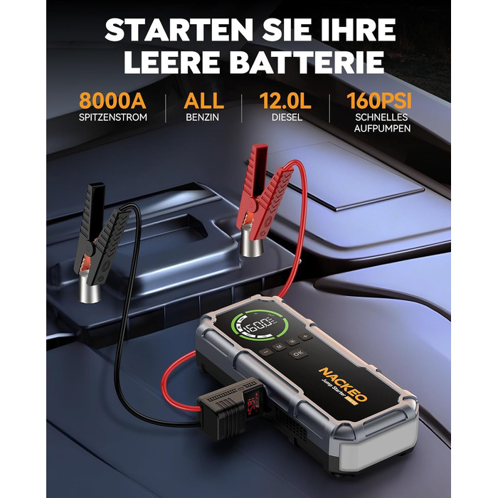 Powerbank Starthilfe 8000A з компресором 160PSI, 12V для авто, 20000mAh, LED-ліхтар, LCD-дисплей, сріблястий