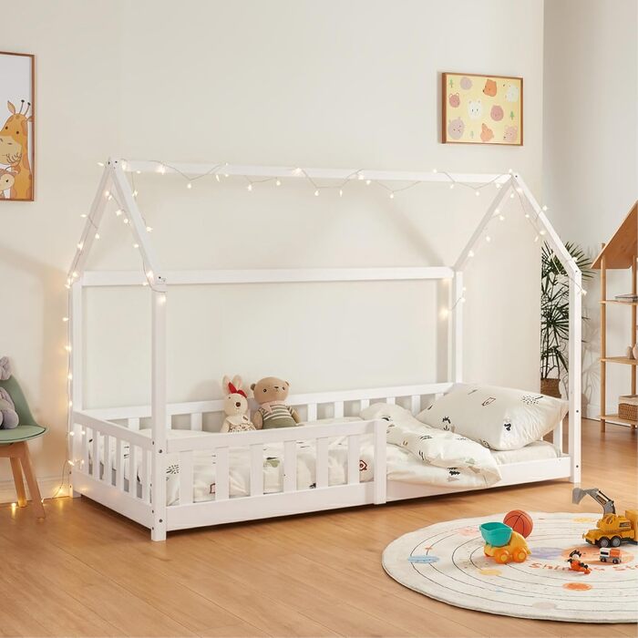 Ліжко дитяче Hesel Hausbett біле 90x200 см з бортиками та ламелями. Монтессорі ліжко-платформа для підлітків. Дерев'яне ліжко від en.casa